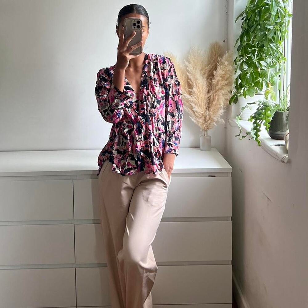 IRO Bixie Wrap Effect Abstract Watercolor Abstract Blouse Shirt Pink Size 38